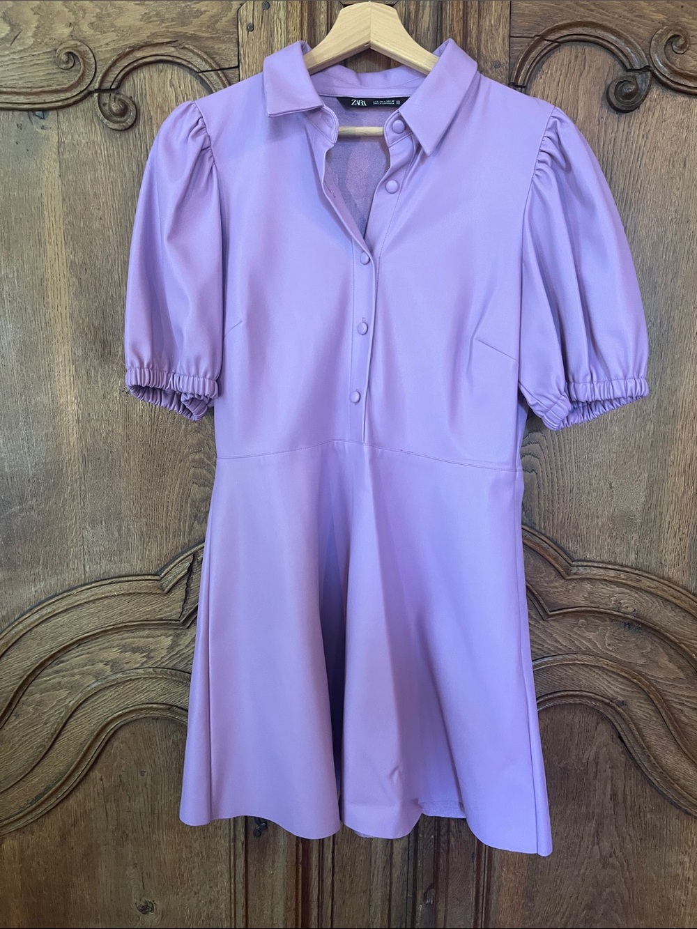 Zara Faux Leather Lilac Puff Sleeve Mauve Mini Dress - Picture 2 of 8